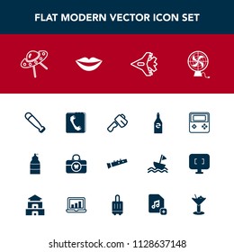Modern, simple vector icon set with sport, phone, baseball, bat, sound, construction, liquid, screwdriver, jet, internet, brush, beverage, musical, health, bottle, plane, paint, white, space icons