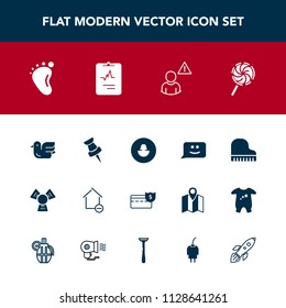 Modern, simple vector icon set with online, sweet, chat, network, bank, cold, sign, lollipop, cardiology, human, apartment, alarm, medicine, space, music, piano, baby, musical, removal, house icons