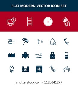 Modern, simple vector icon set with futuristic, phone, railway, kite, travel, technology, desktop, robot, air, house, aviation, price, construction, parasol, internet, monitor, disk, summer, sky icons