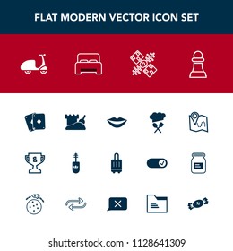 Modern, simple vector icon set with cycle, bicycle, location, makeup, baggage, sport, restaurant, lips, horse, achievement, travel, map, luggage, communication, winner, strategy, mascara, ride icons