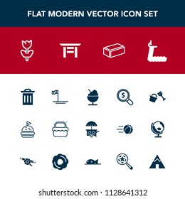 Modern, simple vector icon set with building, floral, construction, concept, gym, ocean, baja, nature, vehicle, find, search, grass, cream, flower, shovel, garbage, beach, trash, icecream, japan icons