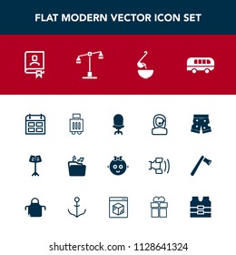 Modern, simple vector icon set with childhood, food, transportation, cute, soup, contact, kid, book, child, comfortable, day, call, orchestra, baggage, baby, luggage, meal, shorts, bus, bag icons