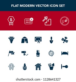 Modern, simple vector icon set with addiction, wind, achievement, tobacco, patriotism, blow, tool, diploma, sign, bouquet, no, tent, place, winner, pink, work, up, shovel, first, decoration icons