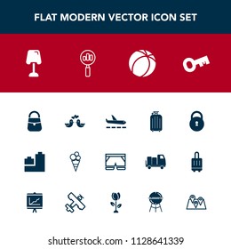 Modern, simple vector icon set with template, animal, sweet, sport, travel, football, plane, bear, pigeon, wear, toy, bbq, barbecue, map, cream, bag, cooking, ball, search, key, love, home, dove icons
