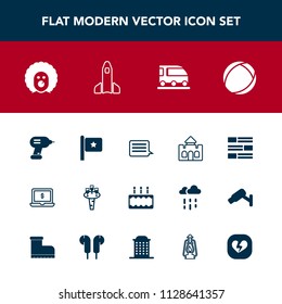 Modern, simple vector icon set with sign, architecture, science, technology, message, transportation, internet, transport, train, screen, cake, liquid, sweet, building, holiday, scary, vehicle icons