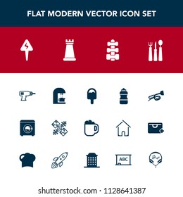 Modern, simple vector icon set with technology, satellite, blackboard, energy, equipment, king, caffeine, space, food, chess, strategy, espresso, mug, audio, game, hand, spoon, bottle, board icons