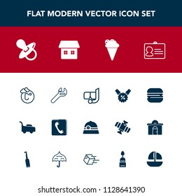 Modern, simple vector icon set with cream, grass, snorkel, identity, price, garden, snack, home, wrench, food, temperature, fahrenheit, repair, sweet, burger, lawn, mower, pacifier, tool, sign icons