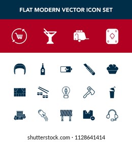 Modern, simple vector icon set with cocktail, cart, belt, electricity, helmet, fish, equipment, wine, summer, juice, full, battery, alcohol, concept, dessert, shop, seafood, van, glass, theater icons