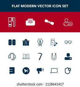 Modern, simple vector icon set with winner, achievement, profile, support, hygiene, estate, award, building, pharmacy, call, social, place, web, leather, status, sun, glasses, technology, sign icons