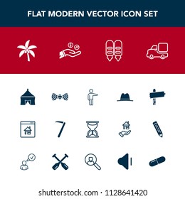Modern, simple vector icon set with hammer, estate, real, finance, spanner, , money, arrow, hat, tool, circus, timer, palm, bow, truck, elegance, white, hour, tie, time, people, pill, business icons