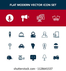 Modern, simple vector icon set with car, petrol, underwater, cosmonaut, flipper, sport, cooler, cosmos, air, yacht, sound, cream, water, dessert, automobile, gas, transport, voice, fan, record icons