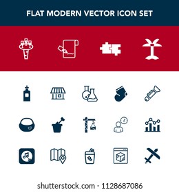 Modern, simple vector icon set with bag, glass, sandbox, medicine, wine, rucksack, drink, laboratory, clothes, bottle, hammer, home, warm, school, tool, tropical, play, leaf, liquid, bugle, palm icons