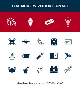 Modern, simple vector icon set with cassette, violoncello, camera, cream, ufo, cooking, food, music, business, ticket, parachuting, pan, flight, sweet, coffee, extreme, game, drone, caffeine,  icons