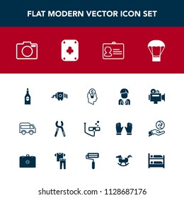 Modern, simple vector icon set with video, direction, scuba, business, industrial, reparation, hot, air, handle, technology, balloon, drink, equipment, red, film, grater, mask, camera, document icons