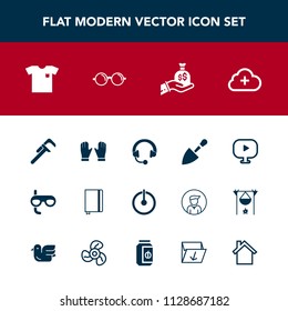 Modern, simple vector icon set with sack, fashion, video, media, shovel, music, service, new, sport, shirt, eyeglasses, tool, switch, scuba, bag, business, money, book, clothing, eye, glove, off icons