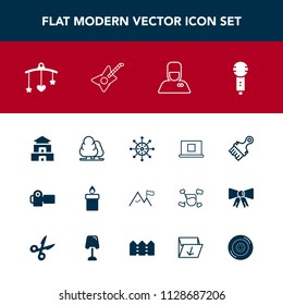 Modern, simple vector icon set with culture, song, landscape, web, tree, , technology, newborn, temple, uniform, ship, profile, wax, element, guitar, karaoke, rudder, internet, baby, travel, toy icons