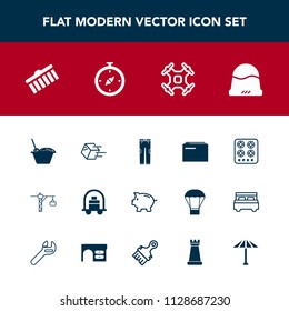 Modern, simple vector icon set with aerial, noodle, control, clothing, document, bank, cook, information, technology, saw, headwear, construction, shape, shipment, pants, hat, bellboy, paper icons