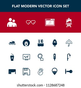 Modern, simple vector icon set with holiday, human, music, artist, decoration, umbrella, white, spring, online, ship, people, hot, diagnostic, circus, man, spoon, art, scary, hand, medical, cup icons