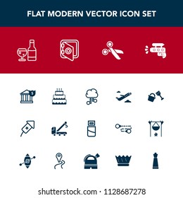 Modern, simple vector icon set with cable, red, accident, celebration, shovel, flight, cloud, pistol, play, banking, car, computer, pie, bank, water, finance, plane, alcohol, plug, holiday, food icons
