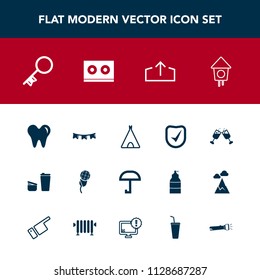 Modern, simple vector icon set with web, bird, door, weather, security, karaoke, health, music, background, key, casette, flashlight, holiday, camp, celebration, sound, house, flag, dentist, red icons