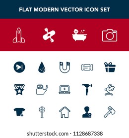 Modern, simple vector icon set with gift, box, rocket, medal, award, drop, laptop, kid, magnetic, media, technology, screen, music, entertainment, drink, video, field, kayaking, kayak, ticket icons