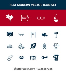 Modern, simple vector icon set with fashion, skater, leaf, food, skate, sakura, plant, car, frame, soup, flower, ocean, bag, award, water, athlete, nature, skateboard, dinner, street, natural icons