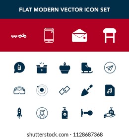Modern, simple vector icon set with science, home, package, phone, cake, food, glasses, email, technology, mail, chair, envelope, cold, ringing, call, comfortable, cell, message, link, interior icons