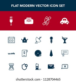 Modern, simple vector icon set with transport, summer, communication, boat, water, music, glass, calendar, shipping, bag, dish, satellite, leather, wine, karaoke, car, truck, sound, time, style icons