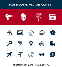 Modern, simple vector icon set with location, spring, market, blossom, architecture, hairdryer, tent, adventure, spacecraft, sale, image, ufo, sign, shop, space, business, child, home, baby, toy icons