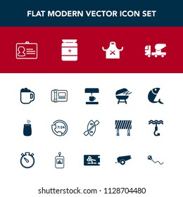 Modern, simple vector icon set with construction, coffee, sea, meat, concrete, cup, restaurant, identification, call, music, canoe, fish, mug, water, office, mixer, musical, cooking, chief, oar icons