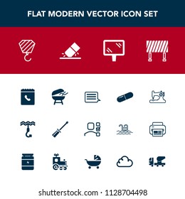 Modern, simple vector icon set with erase, fashion, sew, cooking, message, equipment, rubber, machine, construction, sewing, plan, cloud, hook, meat, street, pill, mixer, business, traffic, road icons