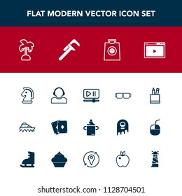 Modern, simple vector icon set with poker, interface, sunglasses, stationery, internet, web, leaf, ship, online, equipment, glasses, player, sea, pencil, plastic, button, game, chessboard, play icons
