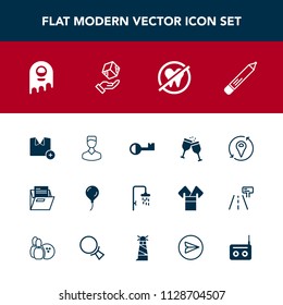 Modern, simple vector icon set with space, decoration, fashion, music, alcohol, pencil, office, avatar, bath, alien, business, wine, ufo, shirt, dentist, paper, shipping, pen, profile, drink icons