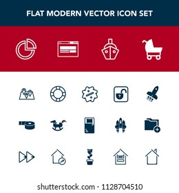 Modern, simple vector icon set with rocket, presentation, pie, sale, duck, adhesive, baby, map, ship, summer, office, graph, water, transport, pool, inflatable, vessel, location, discount, child icons