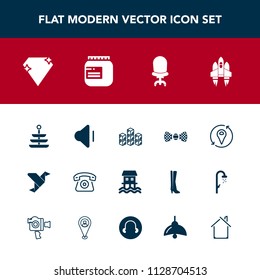 Modern, simple vector icon set with volume, rocket, chair, interior, dinner, telephone, armchair, distribution, plate, gem, space, jam, house, art, houseboat, paper, craft, creative, fashion, up icons