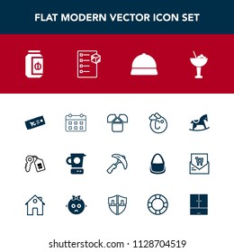 Modern, simple vector icon set with airplane, scale, drink, shirt, ticket, fahrenheit, glass, food, industry, tshirt, timetable, horse, picking, door, flight, time, equipment, baby, mixer, plane icons