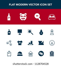 Modern, simple vector icon set with internet, drink, communication, bed, double, child, laptop, game, horse, pc, beverage, magnifier, kitty, liquid, clothes, furniture, perfume, bottle, beauty icons