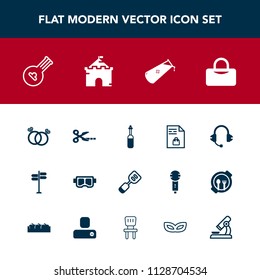 Modern, simple vector icon set with architecture, technology, sport, medicine, microphone, tower, direction, castle, spatula, building, snorkel, kitchen, diamond, equipment, sound, ring, musical icons