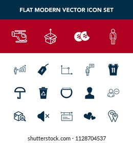 Modern, simple vector icon set with man, trash, boy, helicopter, shirt, air, person, basketball, sweet, umbrella, male, game, development, transportation, cardboard, recycling, sign, waste, tag icons