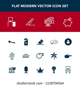 Modern, simple vector icon set with video, business, ocean, arrow, finance, medical, whistle, microphone, work, direction, operation, desk, tripod, megaphone, hotel, investment, privacy, surgery icons