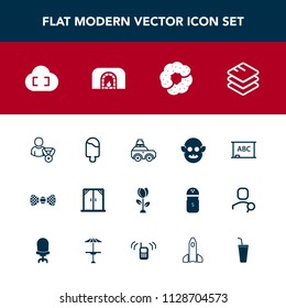 Modern, simple vector icon set with car, cake, ice, monster, window, internet, blackboard, food, sweet, board, fiction, profile, home, background, data, bag, nature, bow, dessert, chalkboard icons