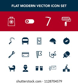 Modern, simple vector icon set with waiter, switch, nation, card, energy, flag, turn, technology, plastic, national, bus, hammer, off, mobile, paint, sickle, sale, transport, transportation, app icons