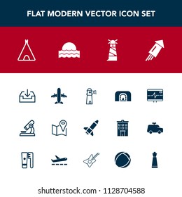 Modern, simple vector icon set with christmas, launch, tent, light, lighthouse, celebration, sun, event, sign, research, sea, health, microscope, outdoor, pulse, road, science, festival, water icons