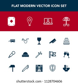 Modern, simple vector icon set with sunset, wine, glass, sun, transportation, table, cake, umbrella, road, trumpet, karaoke, light, dessert, food, wizard, music, audio, wand, poker, sunrise, mic icons