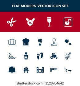 Modern, simple vector icon set with seat, machine, balloon, paper, chief, red, security, parachute, alcohol, air, wine, protection, water, cup, footwear, percent, unlock, hot, scan, cut, price icons