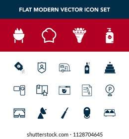 Modern, simple vector icon set with web, vehicle, protect, video, bottle, paint, baby, open, flower, check, spray, grill, fun, food, movie, powder, traffic, bouquet, click, health, transport icons
