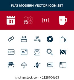 Modern, simple vector icon set with security, animal, tap, cake, money, drum, hyperlink, public, safety, safe, dessert, sign, faucet, calendar, technology, bathroom, owl, timetable, tv, dollar icons