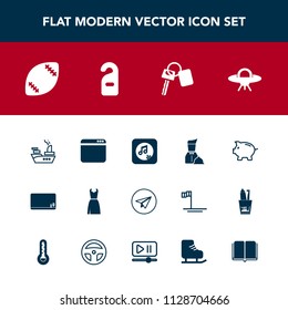 Modern, simple vector icon set with web, dress, game, coin, ship, bank, note, space, sound, ufo, football, spaceship, automobile, car, education, stadium, communication, blank, ball, american icons