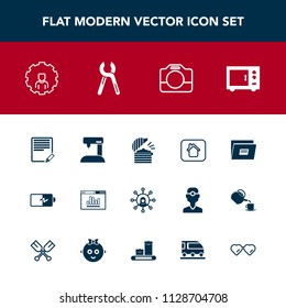 Modern, simple vector icon set with white, video, edit, display, restaurant, microwave, power, account, text, chef, estate, paper, sew, equipment, screen, write, house, handle, camera, battery icons