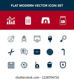 Modern, simple vector icon set with sign, page, fire, communication, gardening, key, food, pruning, graph, finance, work, care, recycling, business, account, container, fireplace, bin, garbage icons
